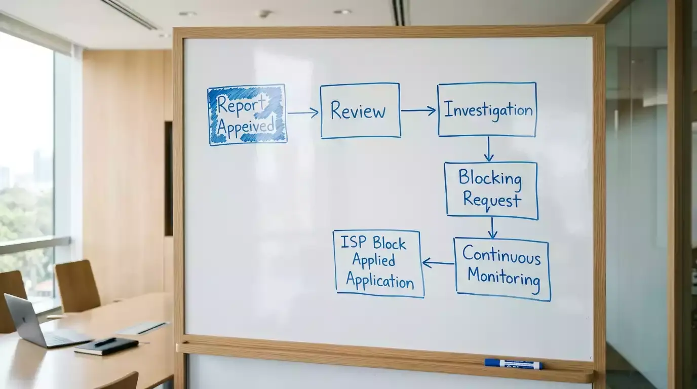 Step-by-step diagram of how ACMA identifies and blocks illegal casino sites