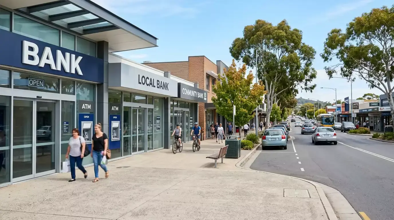 Row of Australian bank branch facades representing the Big Four institutions that support PayID for gambling transactions