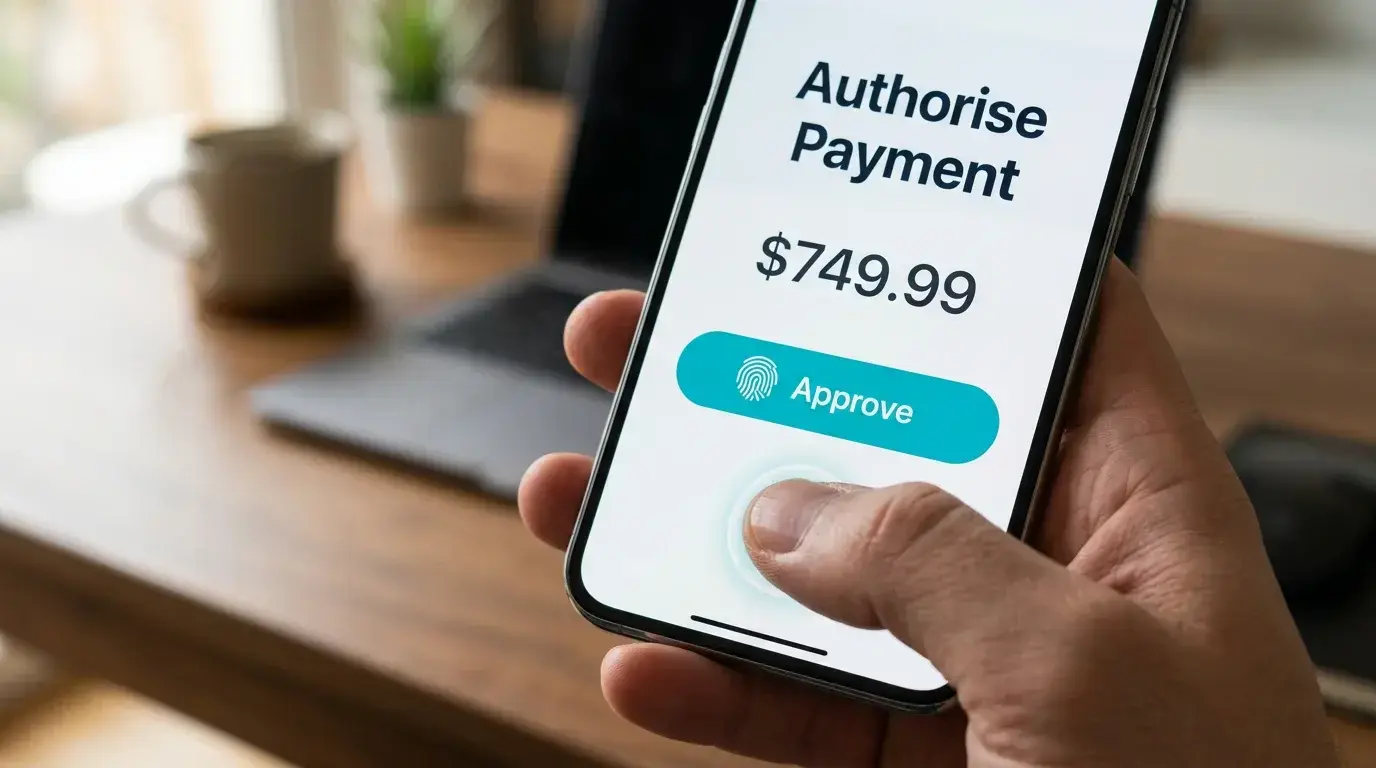 Biometric fingerprint authentication for a PayID casino deposit on smartphone
