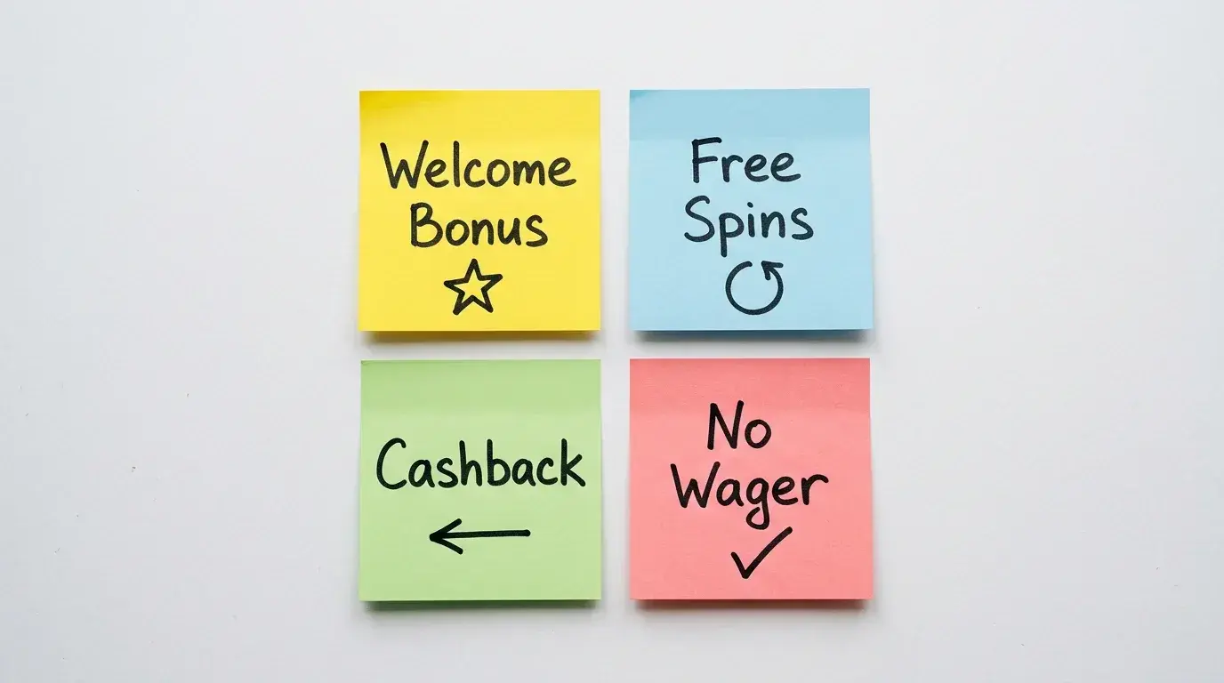 Overview of deposit match, free spins, cashback, and reload bonus types