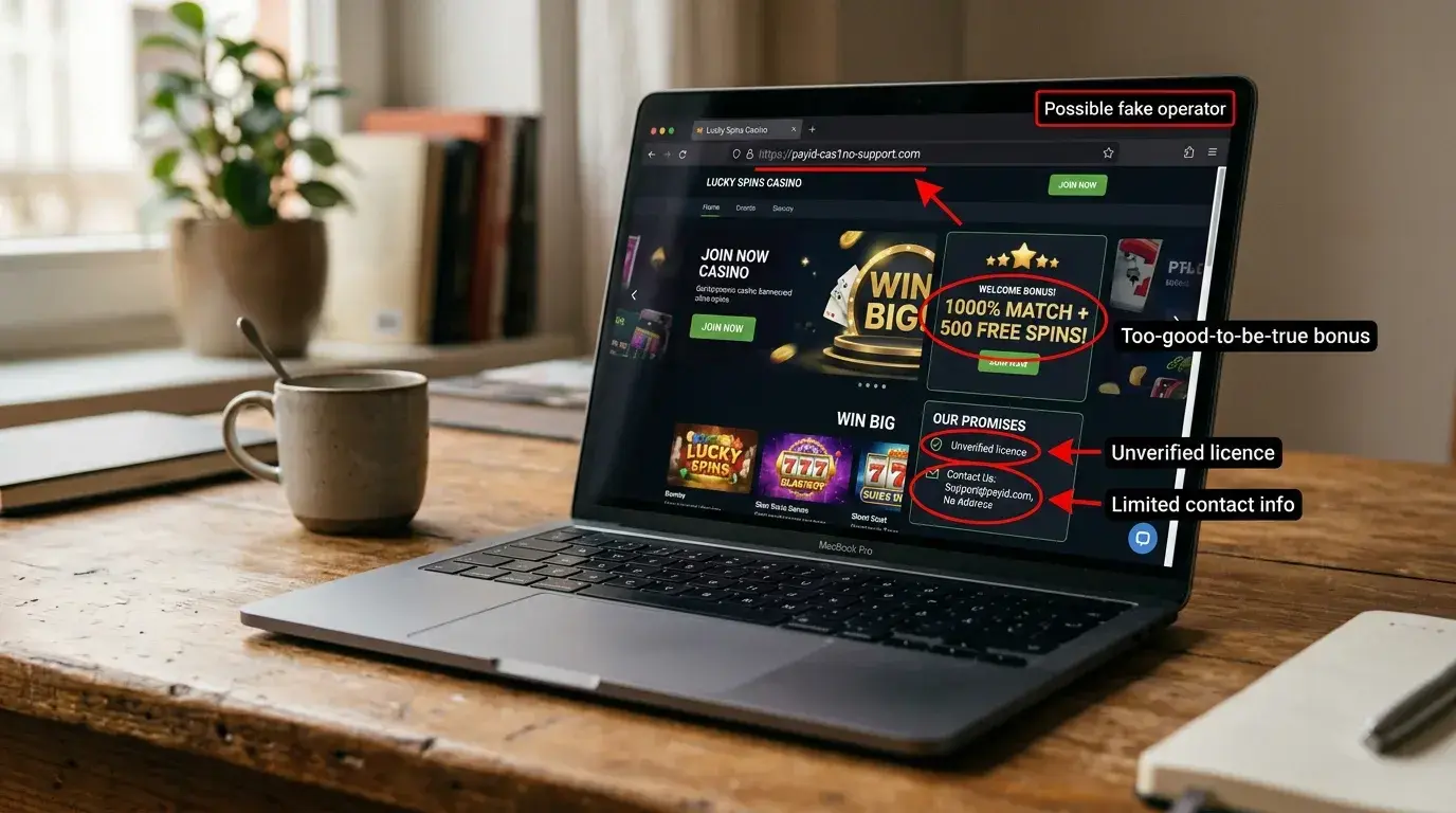 Red flags indicating a fake PayID casino operator website