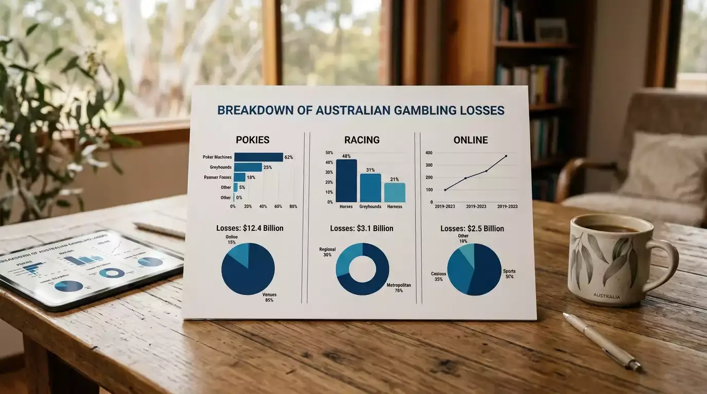 Breakdown of Australia's gambling losses by category including pokies, racing, and online