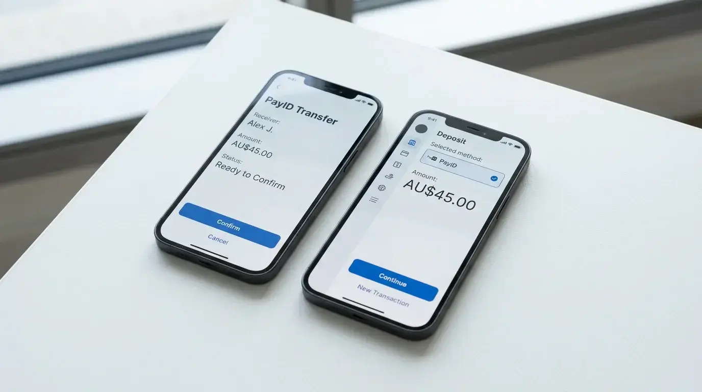 Step-by-step PayID deposit flow on a mobile banking app for casino funding