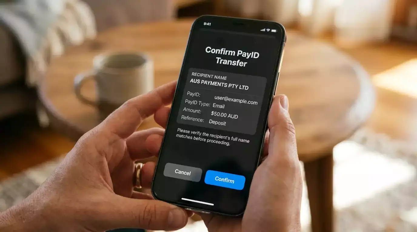 NAB PayID payment confirmation screen showing recipient verification