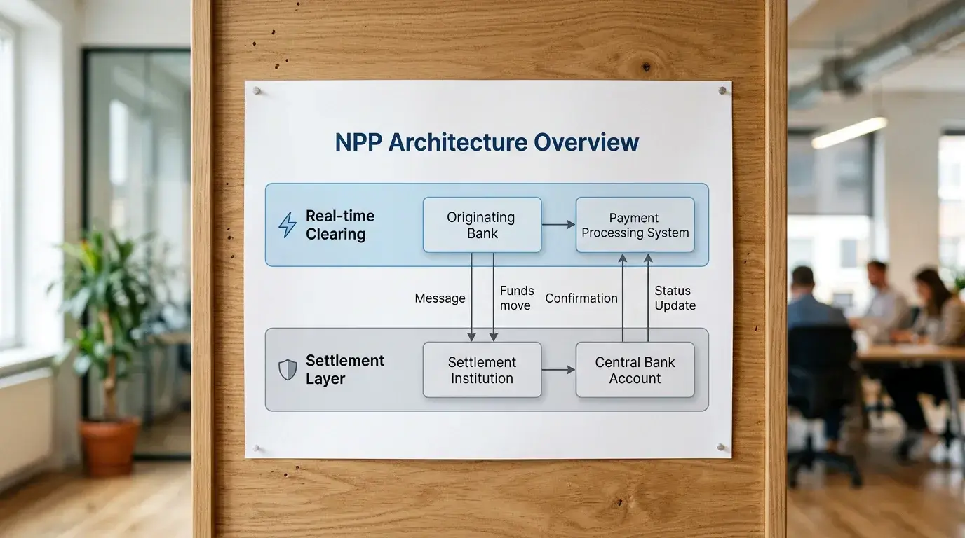New Payments Platform architecture showing real-time clearing and settlement layers