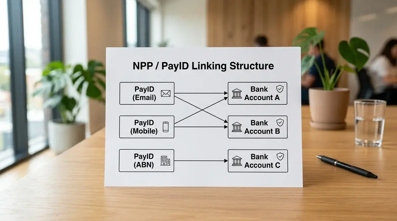 NPP system structure showing how multiple PayIDs link to different bank accounts