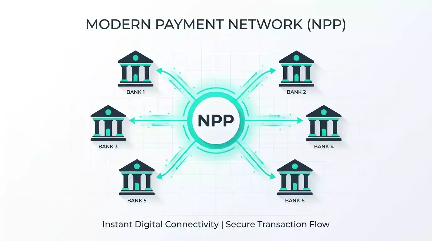 Diagram of Australia's New Payments Platform connecting multiple bank institutions in real time