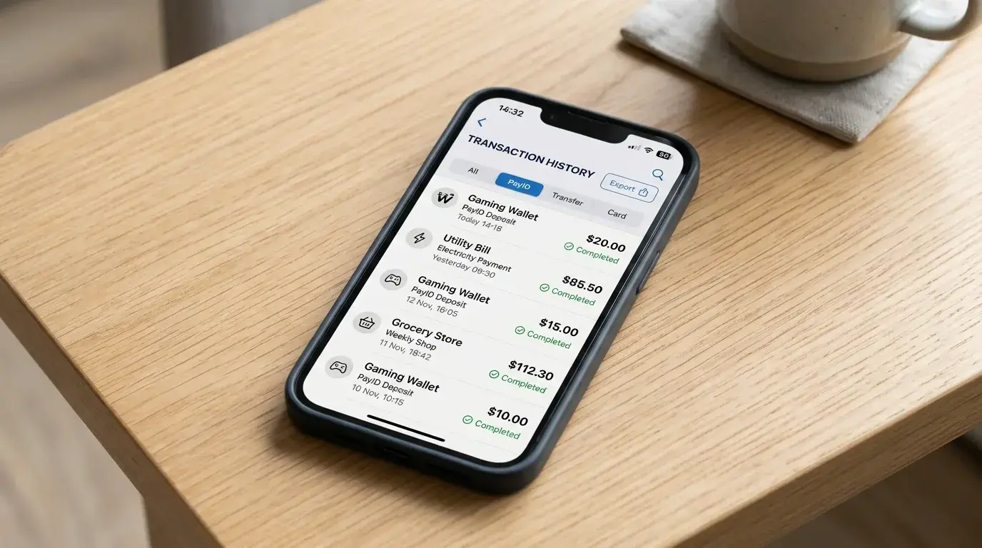 Banking app transaction history showing PayID casino deposits for bankroll tracking