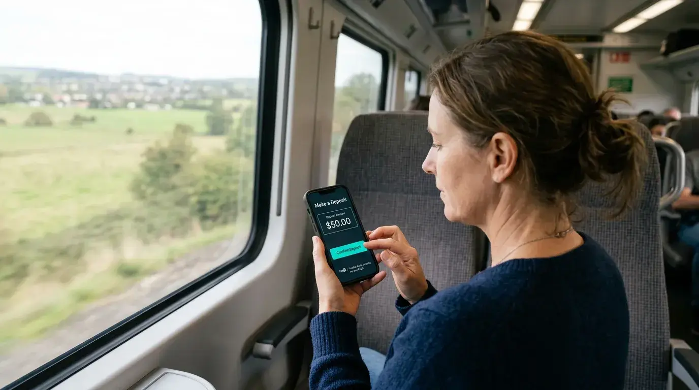 Mobile phone displaying a PayID casino deposit flow with Australian banking app