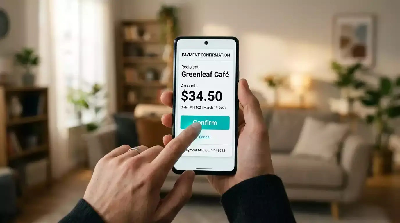 Banking app confirmation screen displaying a PayID recipient business name before completing a casino deposit