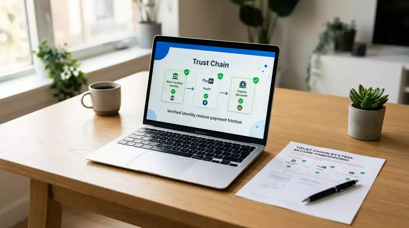 Identity trust chain from bank verification through PayID to casino account
