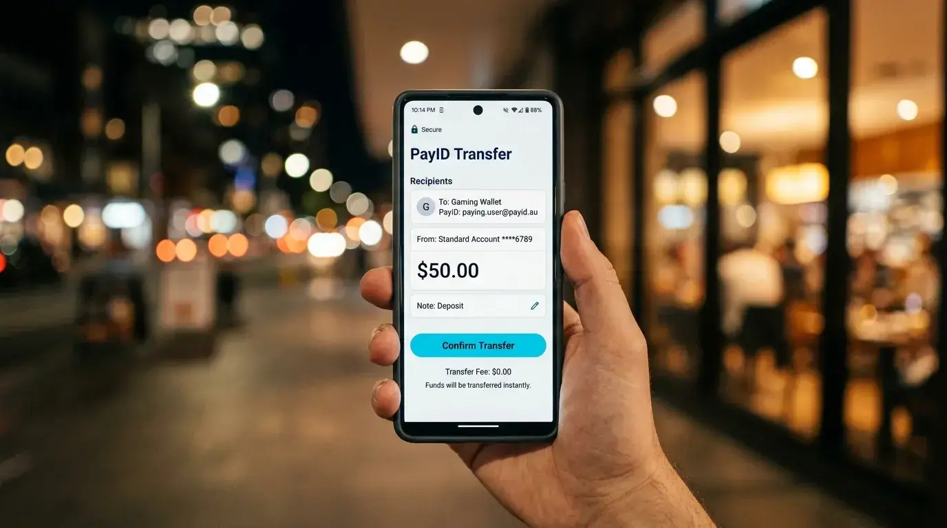 Mobile banking app showing PayID transfer to online casino