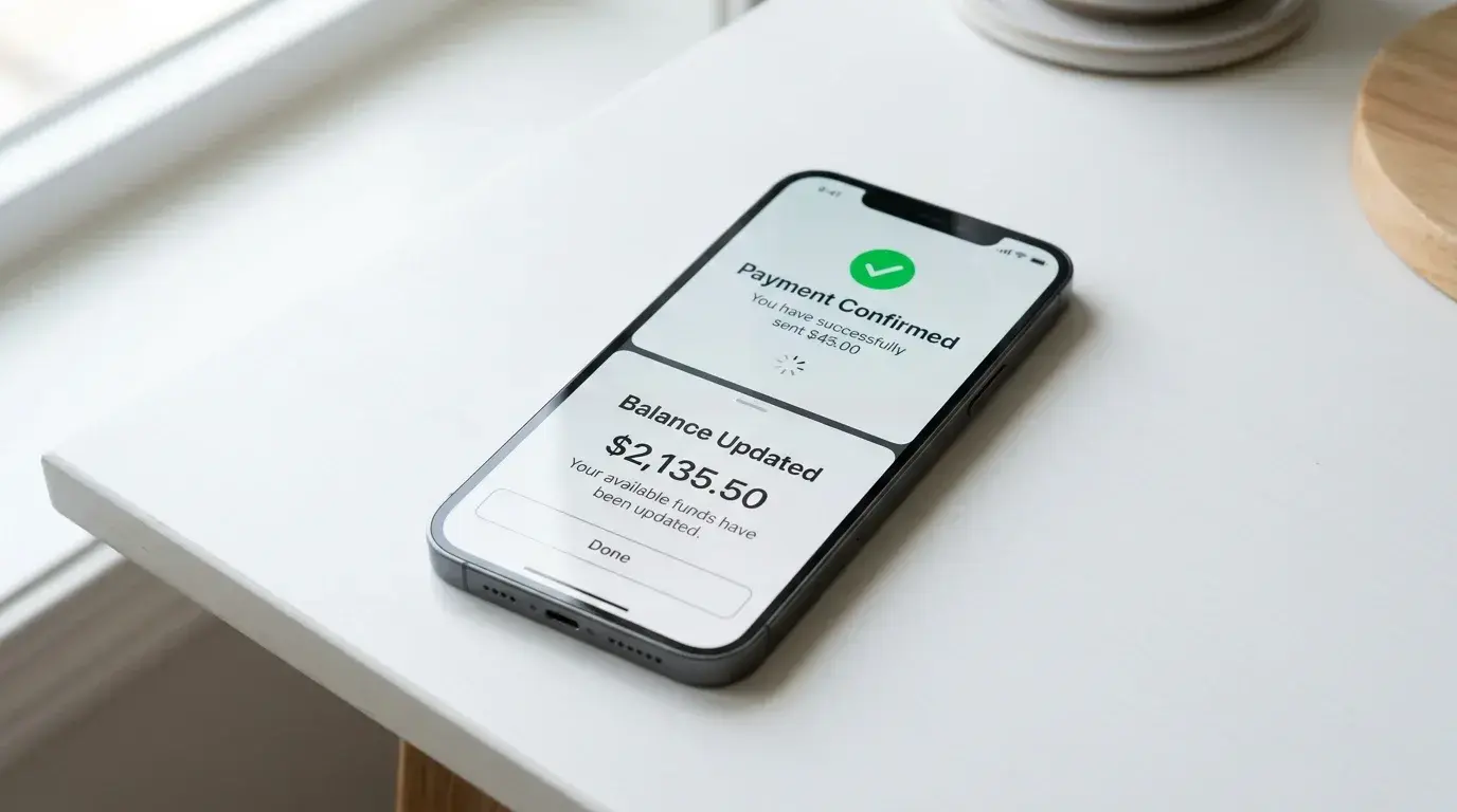 Split screen showing banking app PayID transfer and casino balance update on mobile