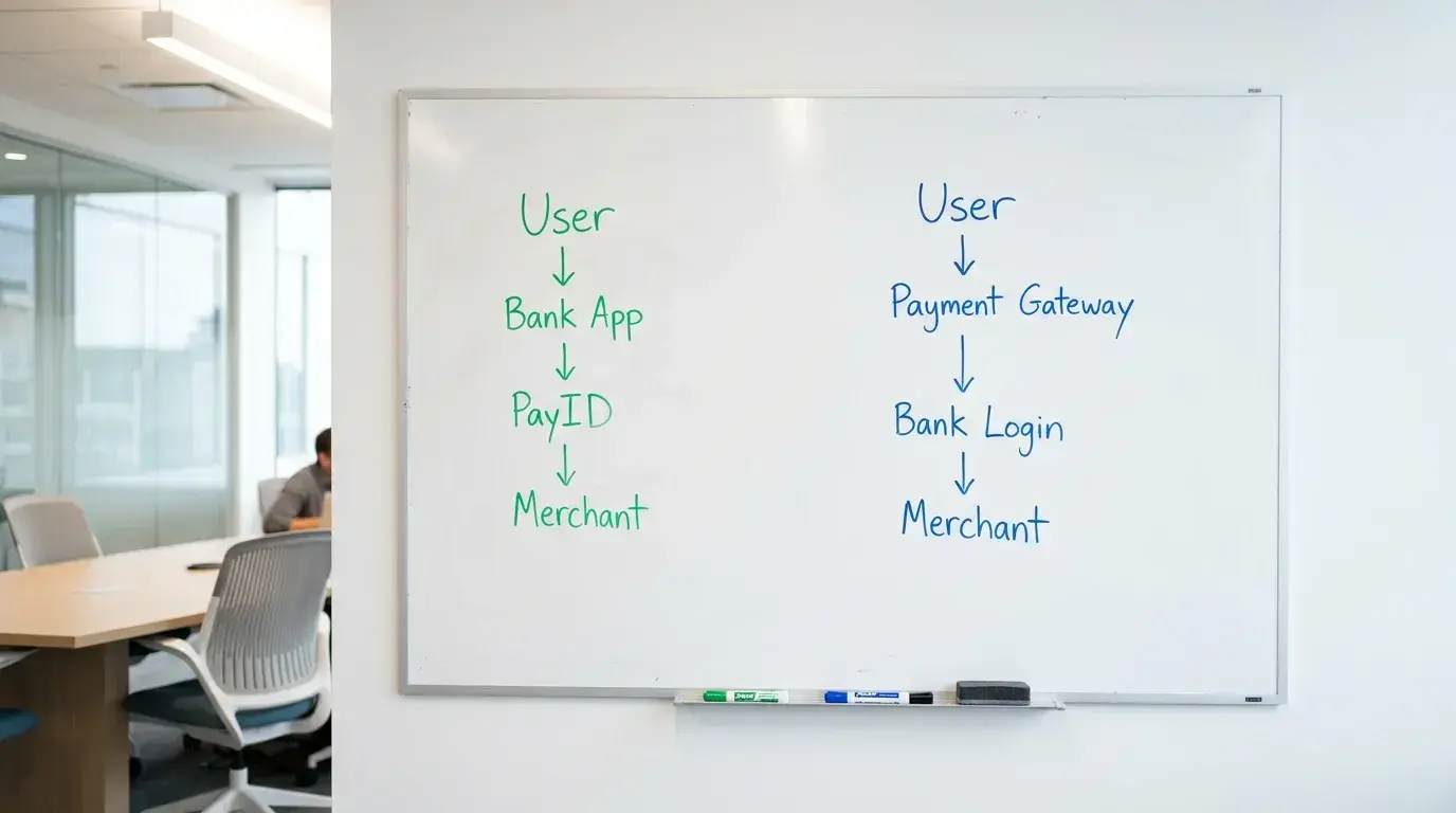 PayID push payment flow diagram from banking app to casino balance