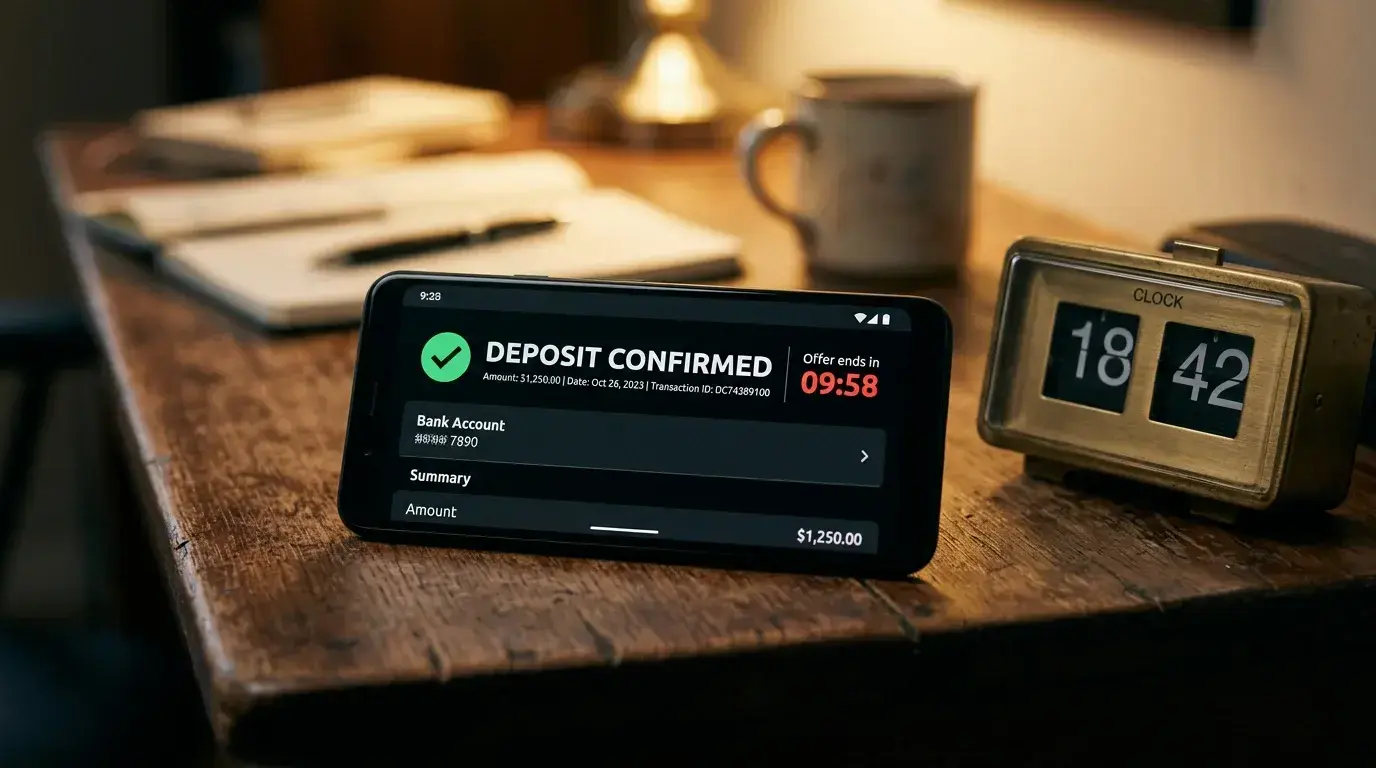 PayID instant deposit enabling a time-sensitive no-wagering bonus claim