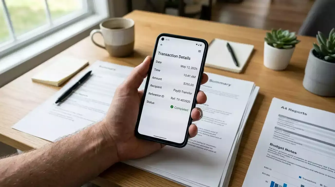 Banking app screenshot showing PayID transaction records for dispute evidence