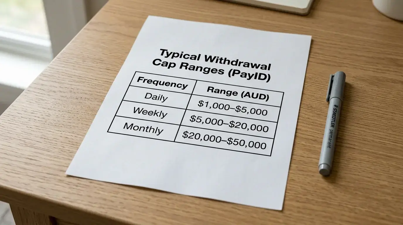 Typical PayID casino withdrawal cap ranges for daily, weekly, and monthly periods