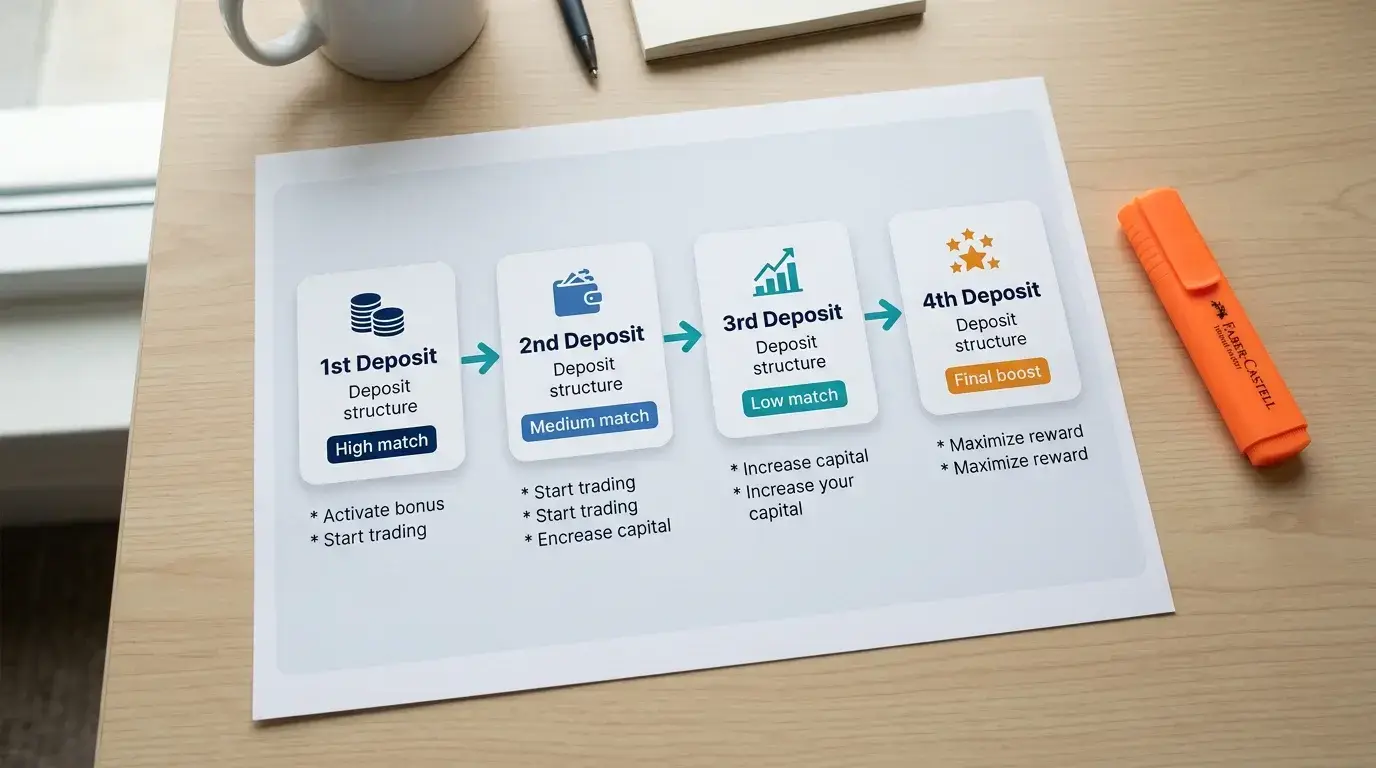 Breakdown of a multi-deposit welcome bonus structure at a PayID casino