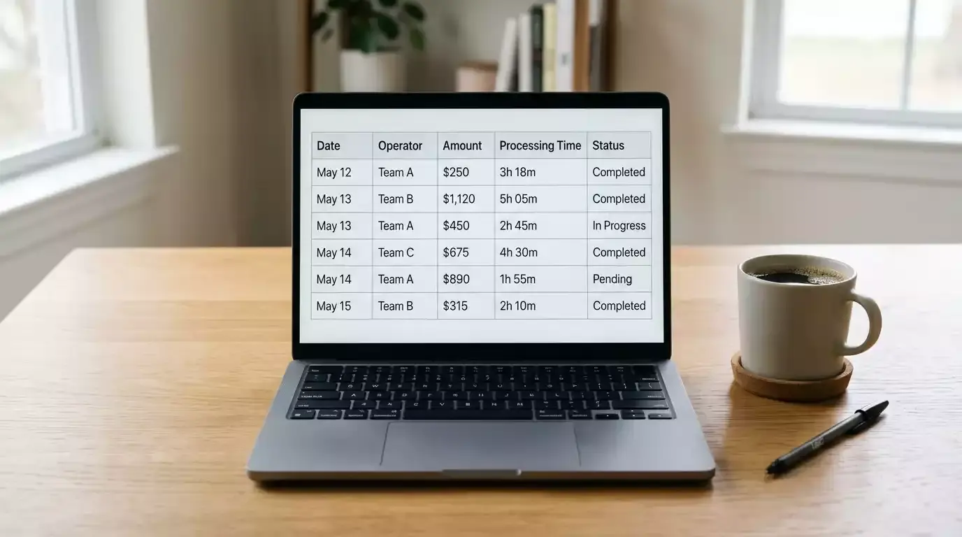Personal withdrawal tracking log recording PayID payout times by operator
